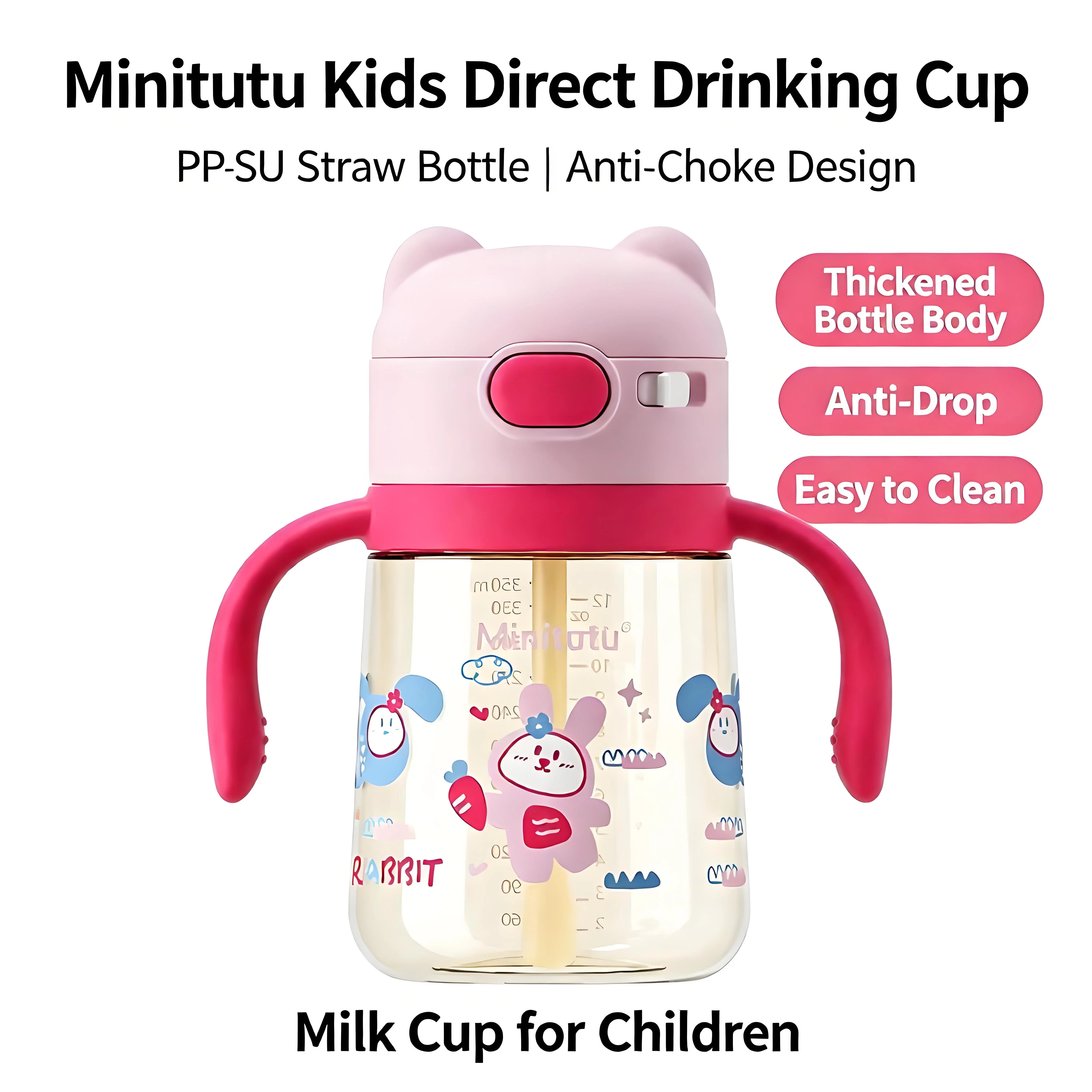 Minitutu Kids Direct Drinking Cup, PPSU Straw Bottle, Anti-Choke Milk Cup with Thickened Anti-Drop Bottle Body