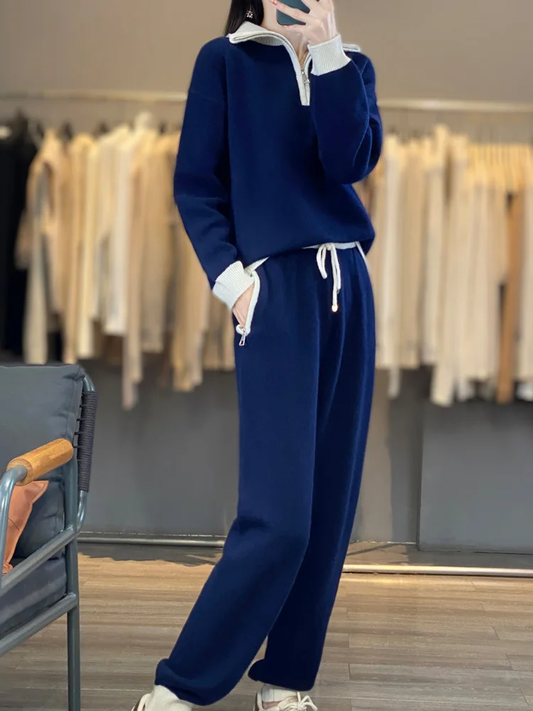 

Women's matching set 100% Merino wool high neck zipper sweater casual color blocked knitted pants pocket 2-piece set loose