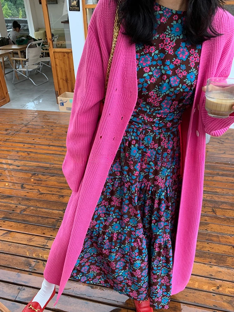 Floral Print Long Sve Dr Bubble Sve Design Waist Cinching Autumn Winter New Arrival Women's Faion Retro round Ne...