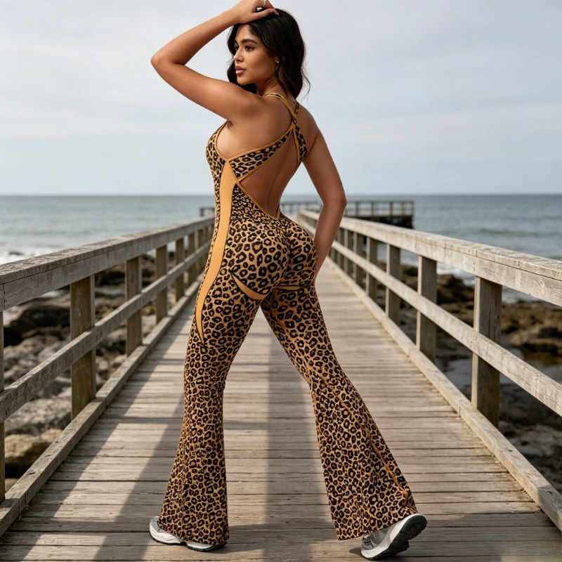 Women's Seamless Yoga Bodysuit Tank Top Flared Leg Design Quick Dry Gym Jumpsuit for Yoga and Workout