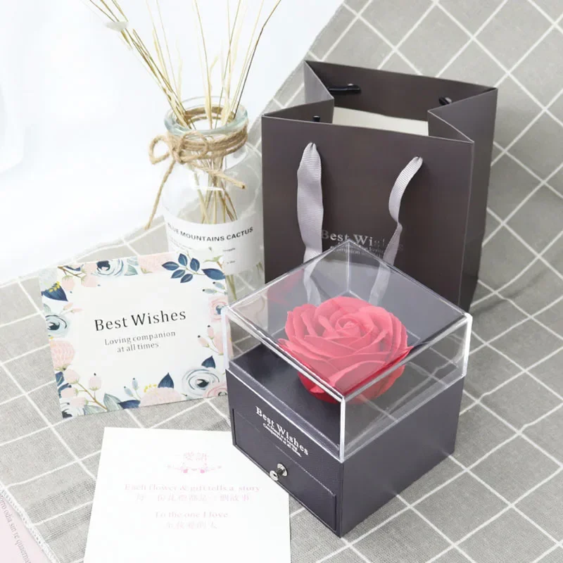 1 Rose Gift Box Artificial Flower Box+Carry Bag Ring Jewelry Storage Box Christmas Valentine's Day Mom Wedding Girlfriend Gifts