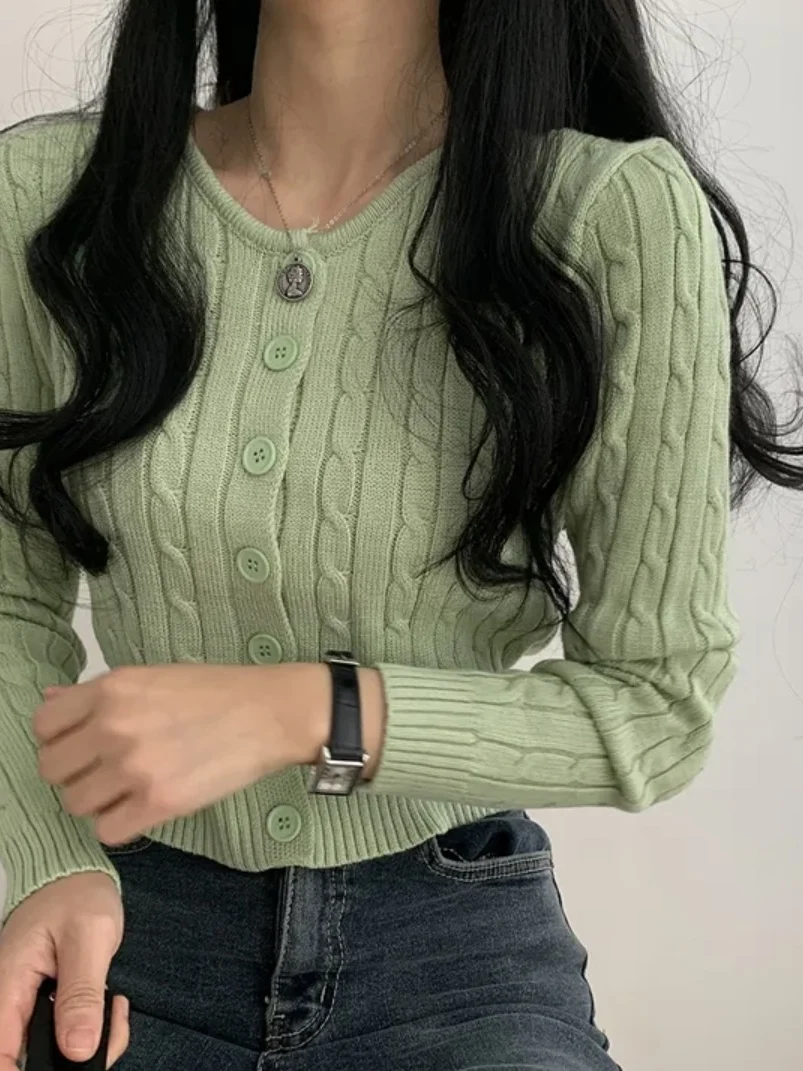 

Retro Twist Knit Cardigan ort Length Long Sve Women's Sle Ele Youthful Knitted Top for Young Girls