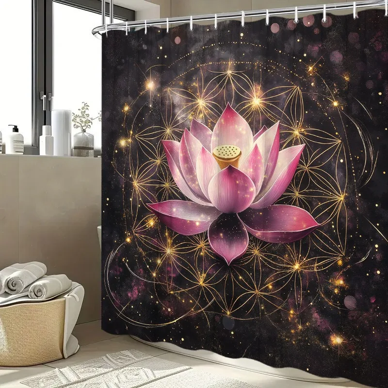 

Red lotus golden mandala star Shower Curtain Washable Dirt-Resistant Shower Head waterproof Polyester Bath Curtain