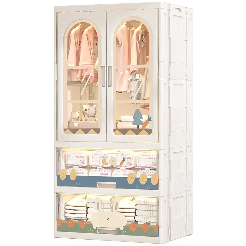 

Kid's Wardrobe with Drawers or Flippers Combination, Free assemble, Wheels at Bottom, Anti-reverse