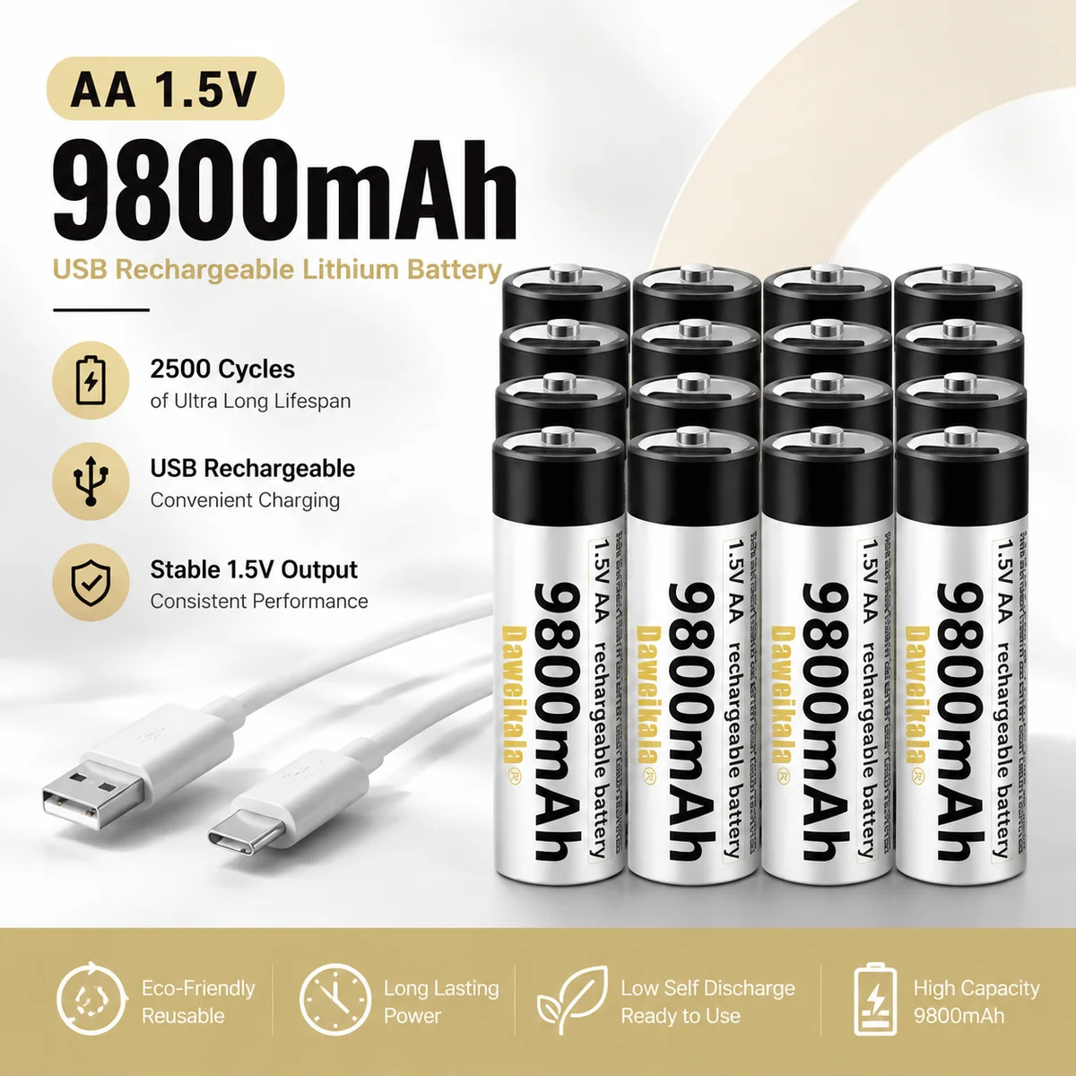 

USB-C Rechargeable AA Li-ion Battery 1.5V 9800mAh Fast Charging Cell With USB-C Cable for Mouse Remote Control Electric Toy