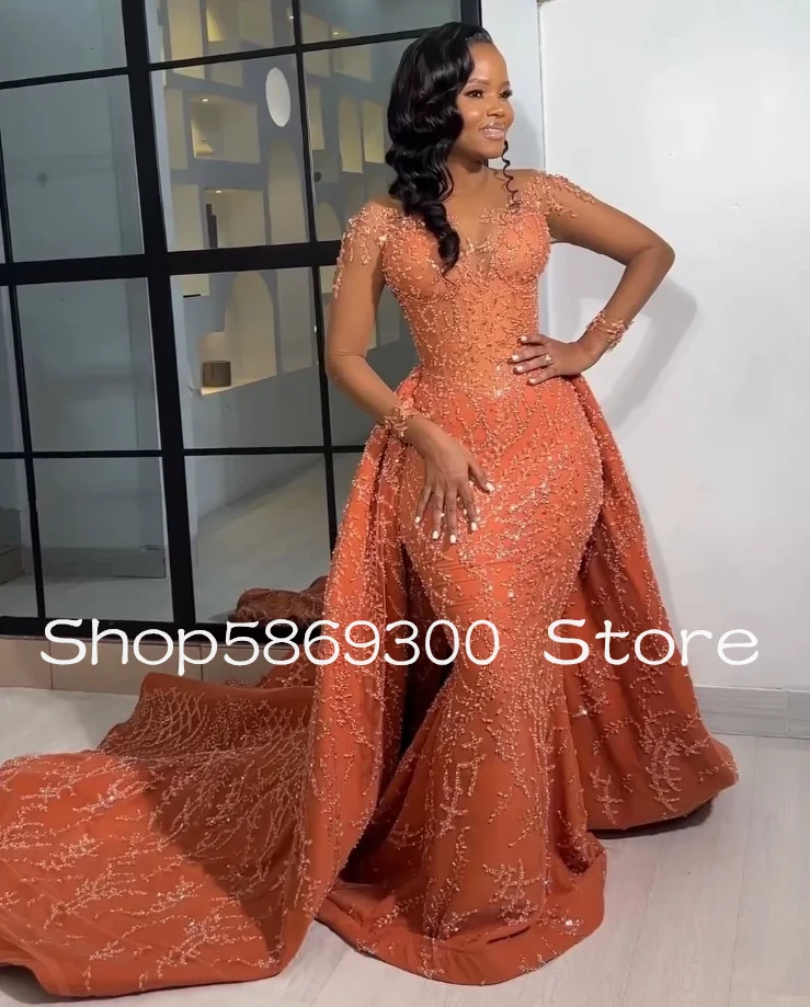 Orange Luxury Mermaid African Prom Formal Dresses with Detachable Train Long Sleeve Aso Ebi Ankara Evening Dress Customsized