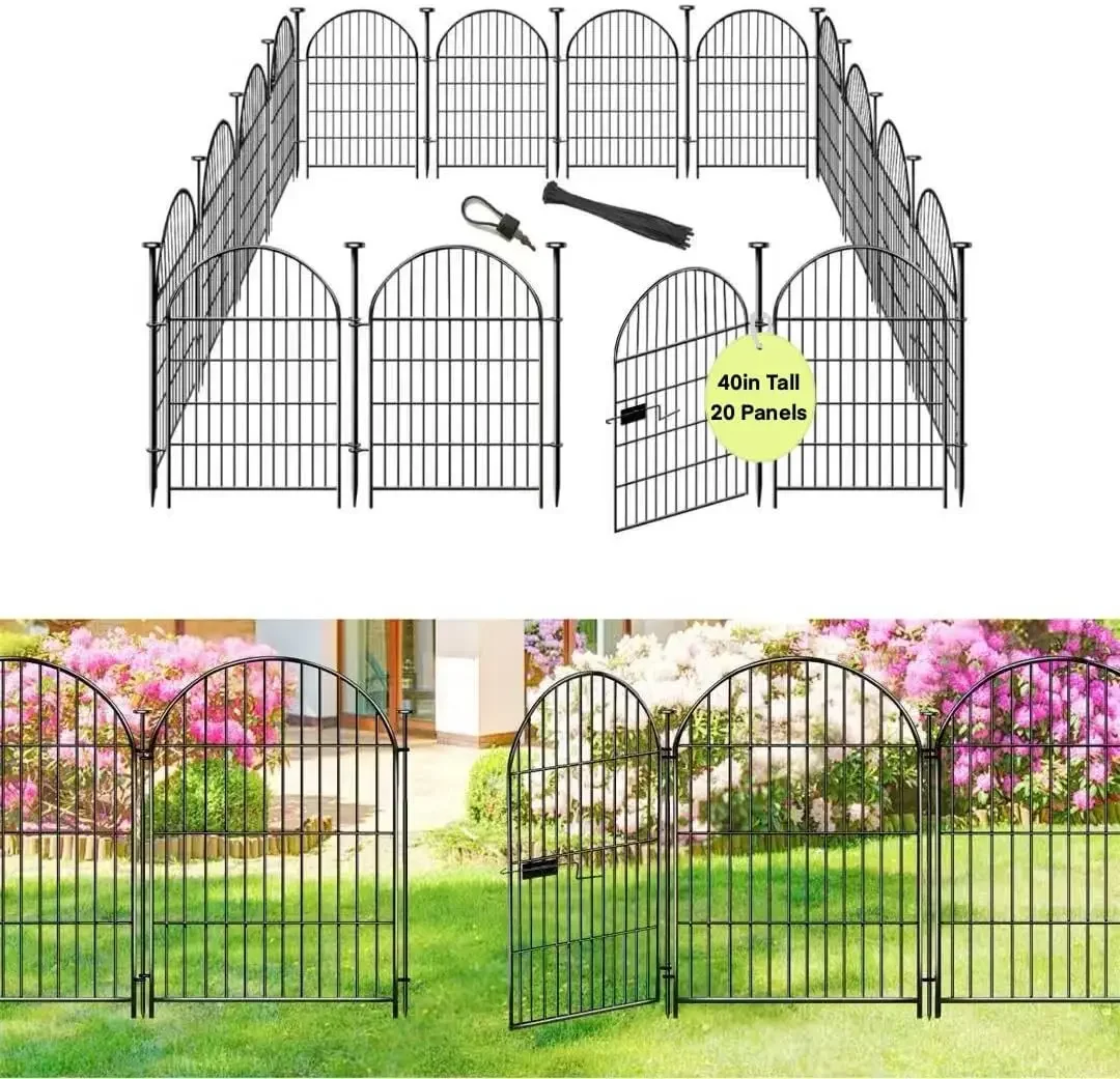 Tall Garden Fence Animal Barrier with Gate, 40 in(H)×43.7ft(L) 20 Panels No Dig Fence for Dogs, Rustproof Metal Wire Animal Barr