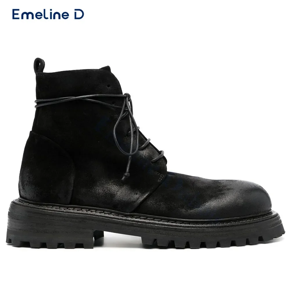 Black Suede Lace-Up Boots Solid Color Round Toe Trendy Personality Work Boots Fashionable Large Size Handsome Men's Boots