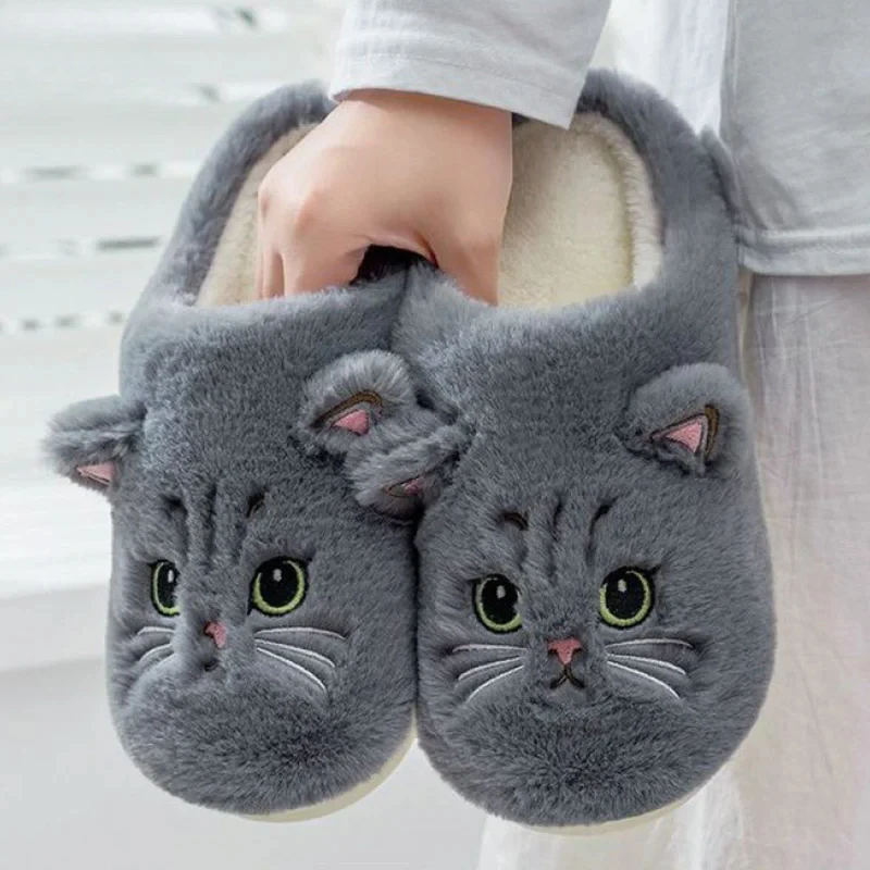 

2024 New Cute Cat Slippers Fluffy Furry Women Home Slippers Men Winter Plush Slides Indoor Fuzzy Slippers Lovely Cotton Shoes