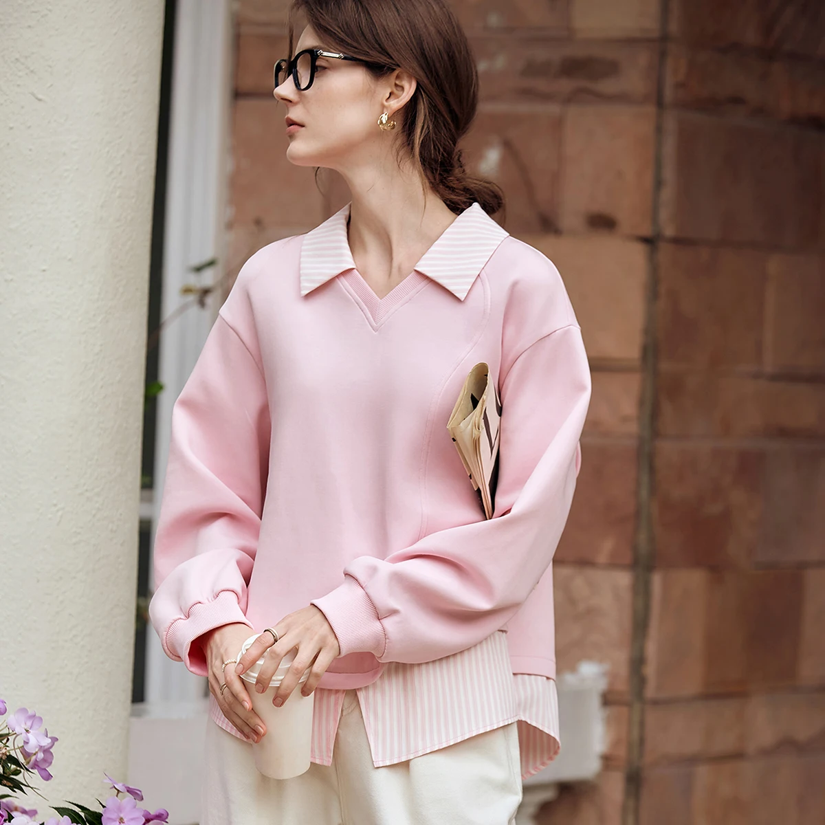 OLrain Women Long Sleeve Sweater 2025 Spring Summer Fads  V-neck Spliced Lapel Fake Two-piece Loose Pullover Tops O24CR90009