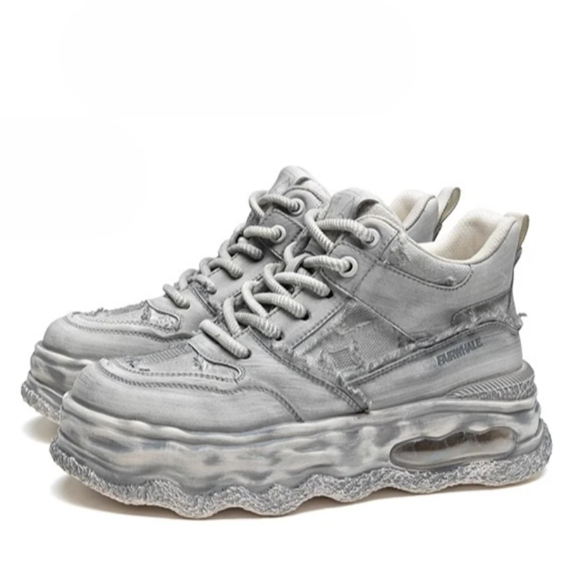 

High-top Bread Shoes Men's Casual Sneakers Leather Fabric Comfortable Soft Soled Breathable Heightening Shoes Sports Board Shoes