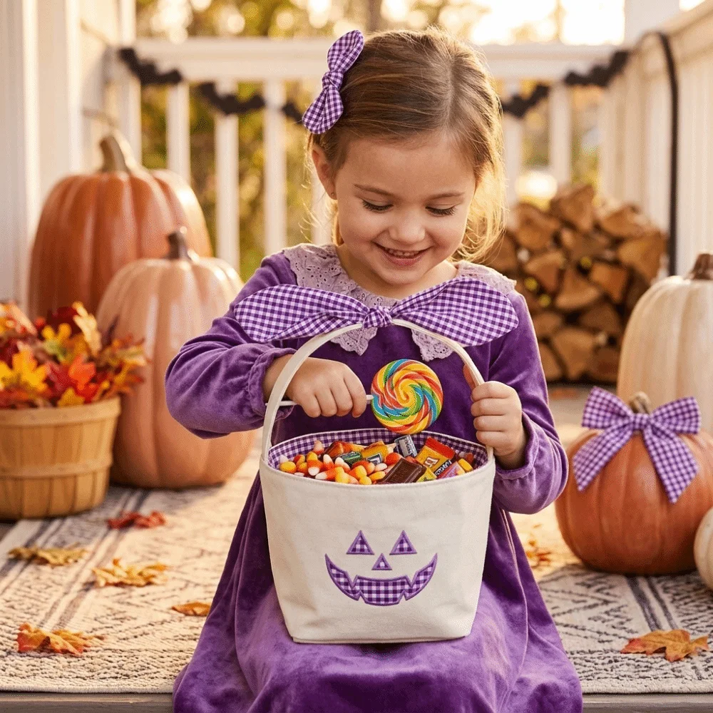 Canvas Fabric Halloween Candy Bucket Gingham Cotton Lining Pumpkin Embroidery Storage Basket Large Capacity Checkered Bow