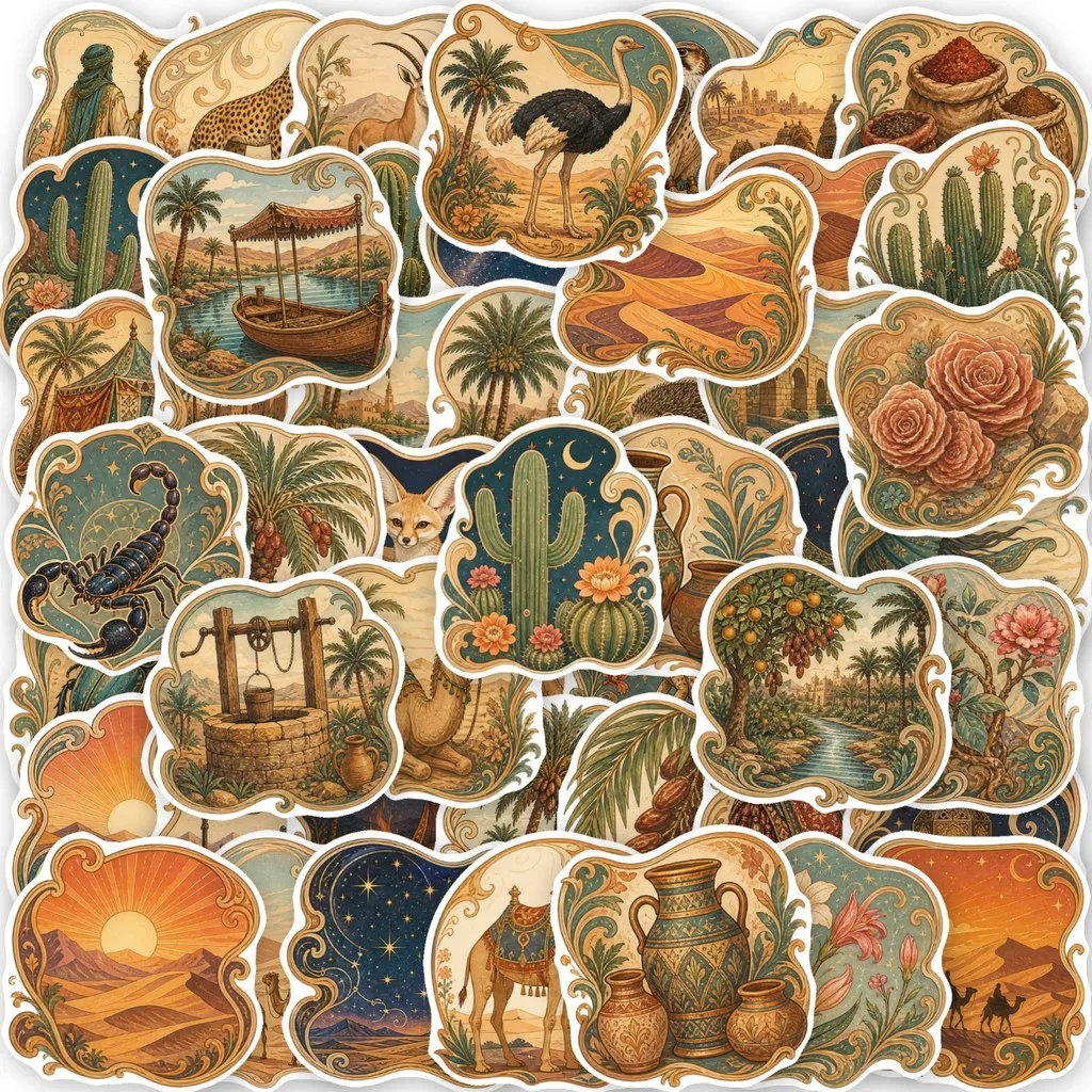 50Pcs Middle Eastern Desert Element Stickers, Watercolor Camel Starry Sky Dune Exotic Decals for Handmade Collage & Journal DIY