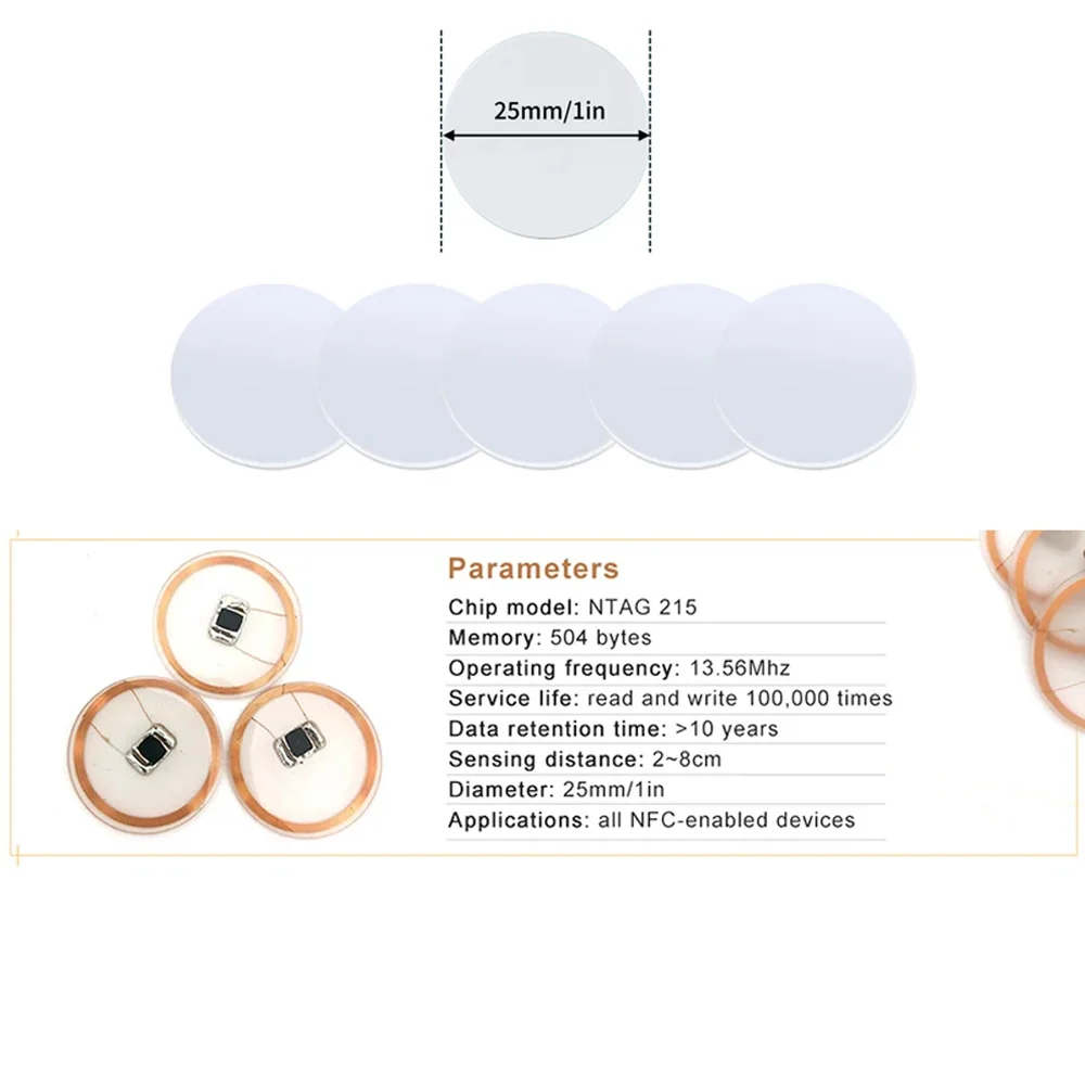 10ชิ้น13.56MHz Ntag215 NFC ป้ายติดเหรียญมีกาว504ไบต์ ISO/IEC 14443ป้าย215แท็ก PVC กันน้ำ25มม.