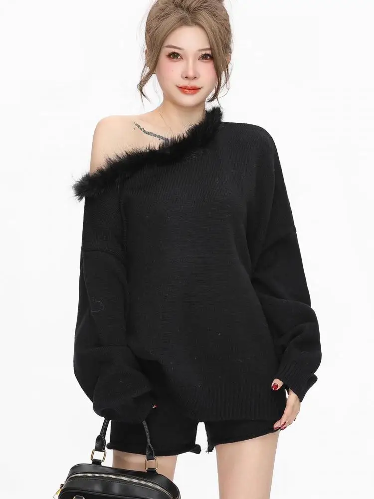 

Autumn Winter Women Solid Sexy Slant Shoulder Pullover Knit Sweater Tops + High Wais Mini Shorts Streetwear Two-piece Set Casual