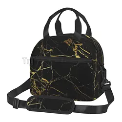 Black Gold Marble Lunch Bag Adults Insulated Lunch Box with Adjustable Shoulder Strap Reusable Cooler Tote for Work Picnic Beach