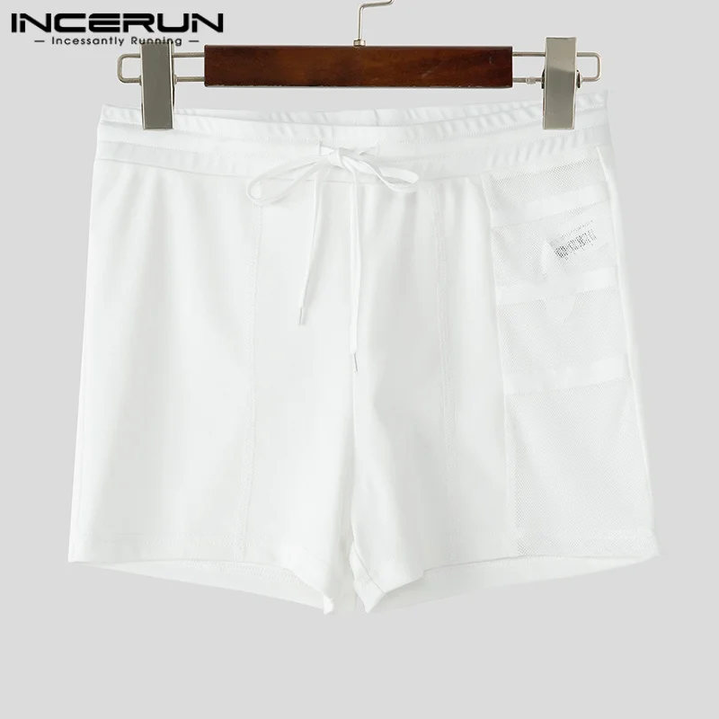 INCERUN Men's Shorts Mesh Patchwork Drawstring Joggers See Through Sexy Men Bottoms Streetwear 2025 Fashion Casual Male Shorts