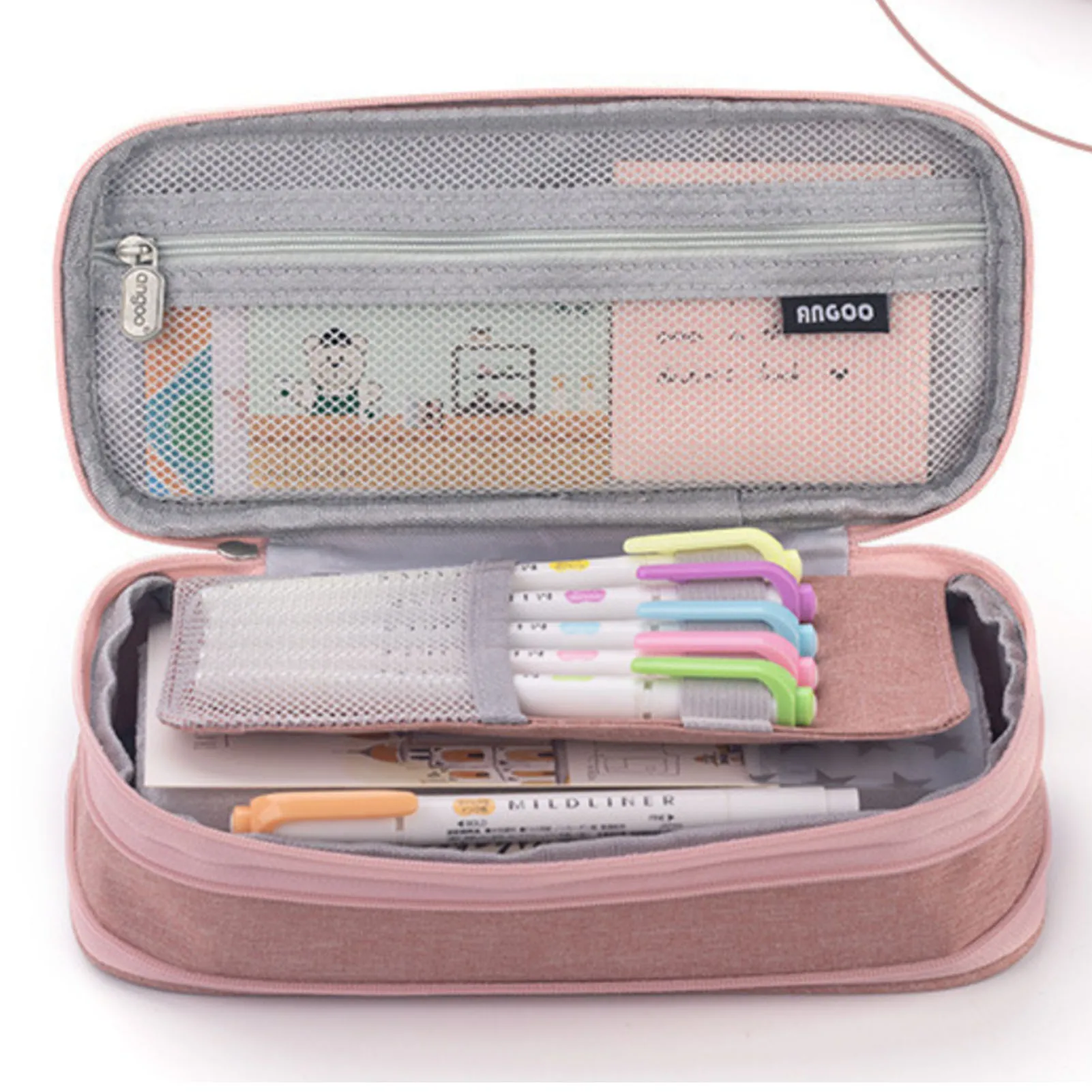 Pencil Bag 2 Tier Large Capacity Metal Zipper Mesh Pocket Portable Large Pencil Case For Students School Office Pink And Beige