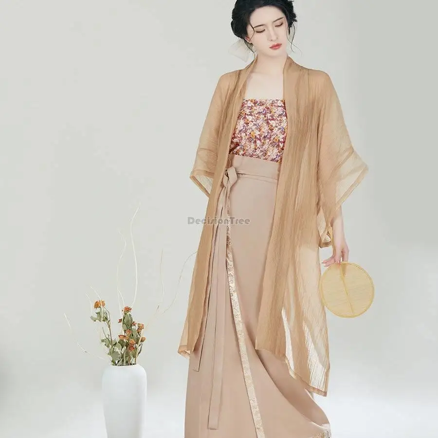 

2024 new chinese hanfu women ancient song dynasty half-sleeve coat printed vest long skirt improved summer female hanfu set s376