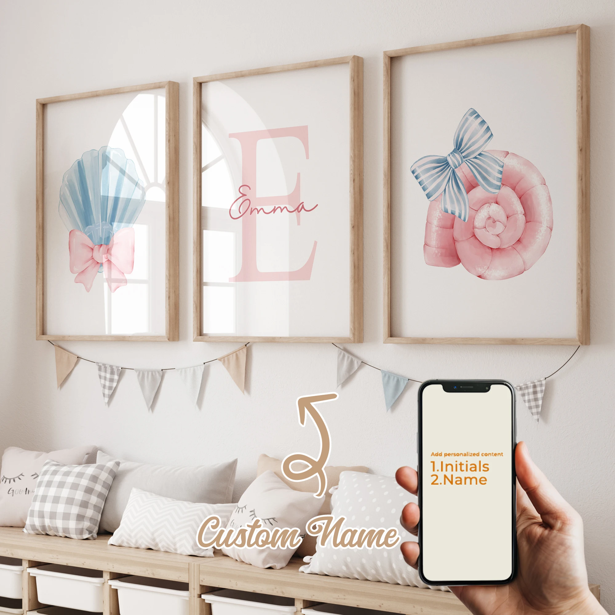 

3pcs Personalized Custom Name Cartoon Blue Shell Wall Art Print Picture Canvas Poster Painting For Living Room Home Decor