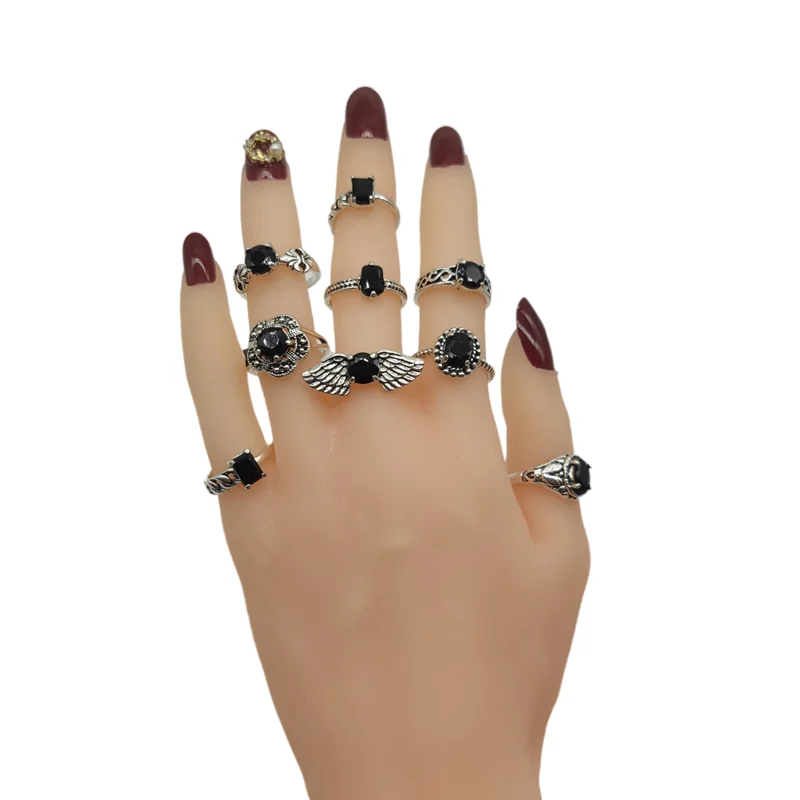 خواتم أكريليك سوداء مشتركة للنساء والفتيات ، طبق فضي عتيق ، مجوهرات أصابع ، حفلات ، مقاس مختلط ، أزياء ، بيع بالجملة ، جديد ، 20: الكثير #5