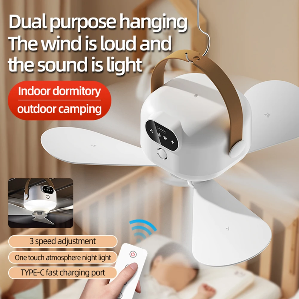 Portable Ceiling Fan Camping Tent Ceiling Canopy Fan Rechargeable Fan Air Circulators With Remote Control USB Charging Light