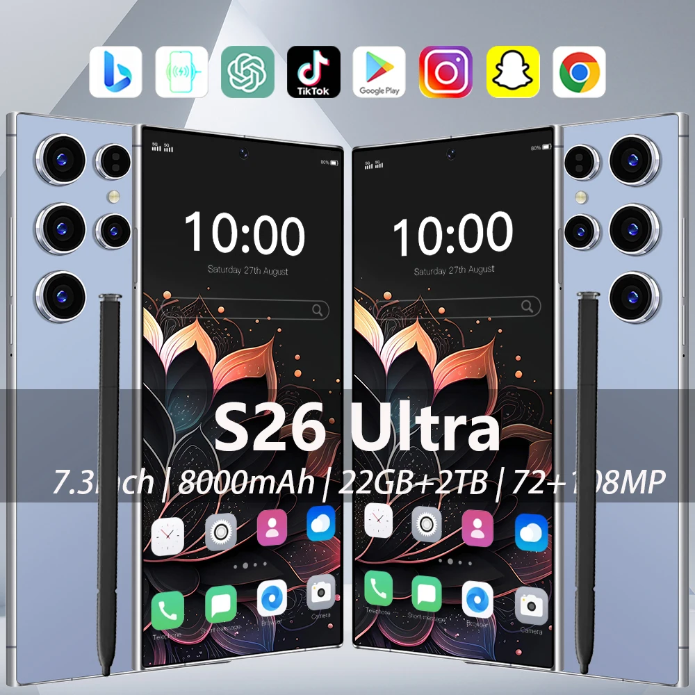 

2025 HOT S26 Ultra 7.3inch HD Global Edition Original Smart Dual Card 8000mAh Battery Facial Recognition Function