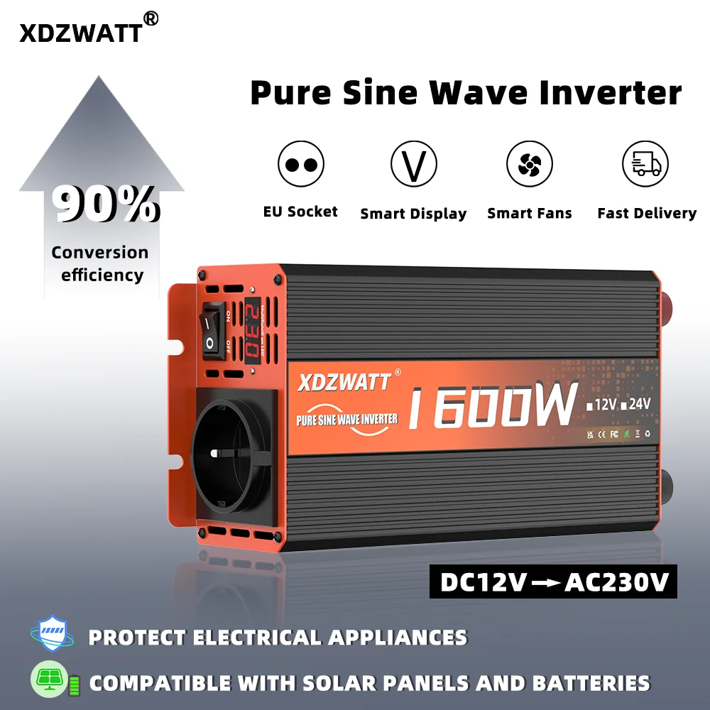 

Pure Sine Wave Inverter DC 12V to AC 220V 60HZ EU socket 1600W LED Voltmeter Converter Transformer