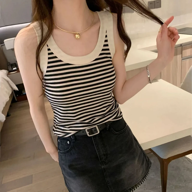 Summer New Korean Striped Tank Tops Off Shoulder Sleeveless Slim Contrast All-match Trend T Shirts Sweet Fashion Women Clothing