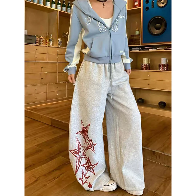 YIBASHU, широкие брюки в американском стиле со звездами и буквенным принтом, женские осенне-зимние серые спортивные штаны в стиле ретро в стиле хип-хоп