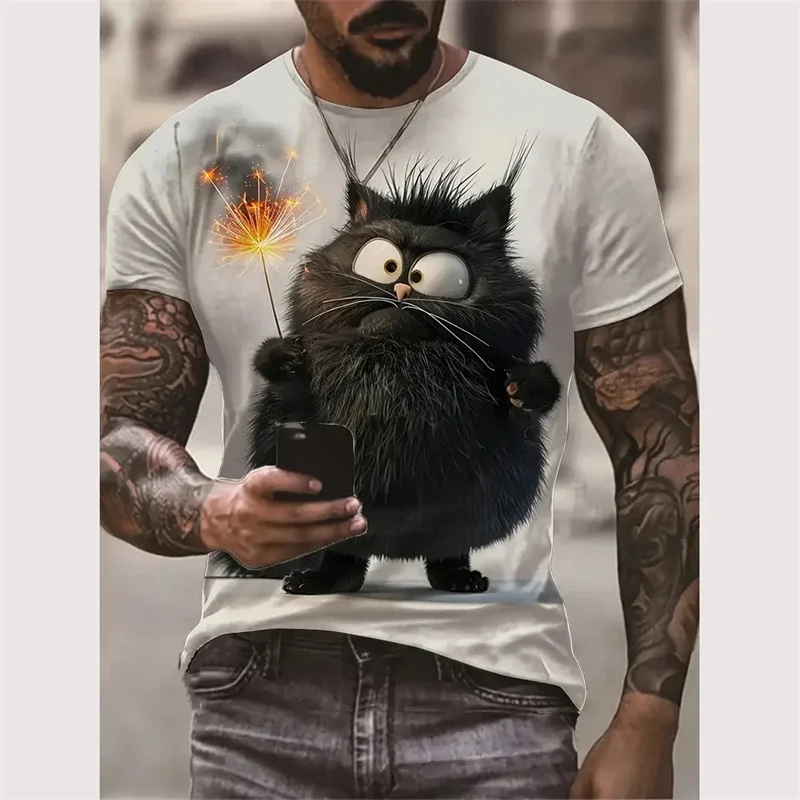 Cute Cat Pattern T-Shirt For Men Animal 3D Printed T Shirts Summer Fashion Casual Street Short Sleeve Tees Loose Crew Neck Tops