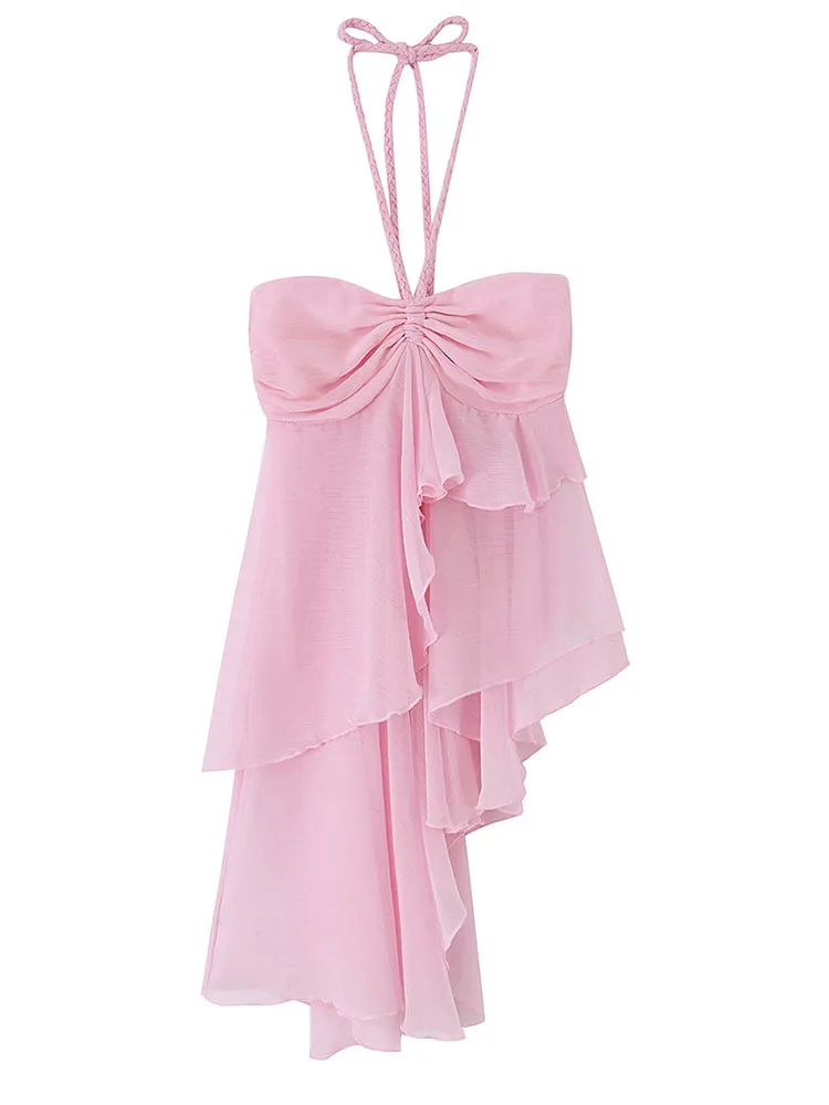 

HH Women Summer Spring Coastal Breezy Pink Chiffon Halter Top Spring Braided Tie Ruched Bust Asymmetrical Ruffle Flowy Tank