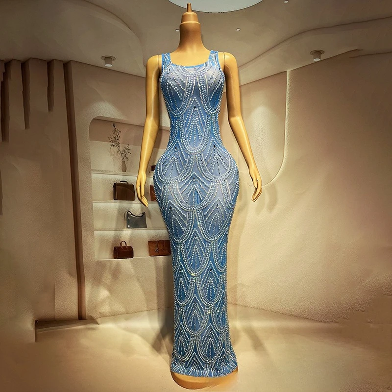 

Light Blue Diamond-encrusted Temperament Dress, High-end Banquet Host Performance Clothes, Company Annual Meeting Evening Dress
