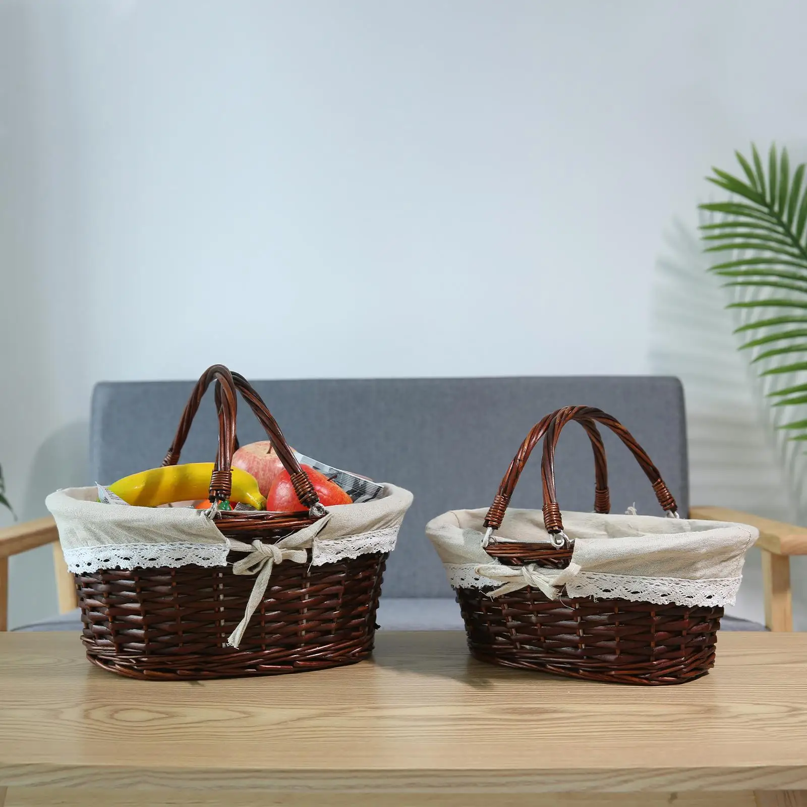 سلة نزهة من الخيزران صديقة للبيئة مع مقبض قابل للطي، سلة تخزين منسوجة محمولة مثالية للاستخدام في الحمام والهدايا