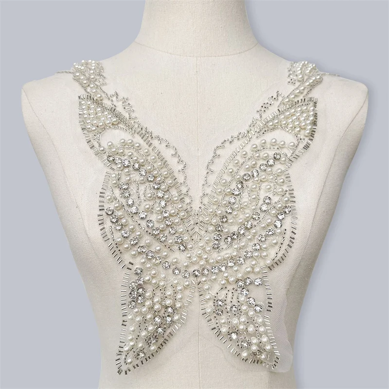 1 Pcs Ivory Pearls Butterfly Lace Collar Applique Rhinestones Sequined patch for Dress Fashion Apparel Sweater Decor Bodice Gown