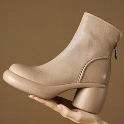 Women's sheepskin 7cm chunky heel platform back zip autumn ankle boots casual female punk short booties shoes for woman 2024 new