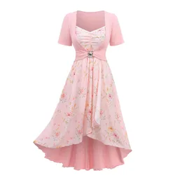 ROSEGAL Plus Size Casual Dresses Flowers Print Lace Trim Ruched Tulip Hem Ruffles Shell Buckle Ribbed Textured Dress Light Pink