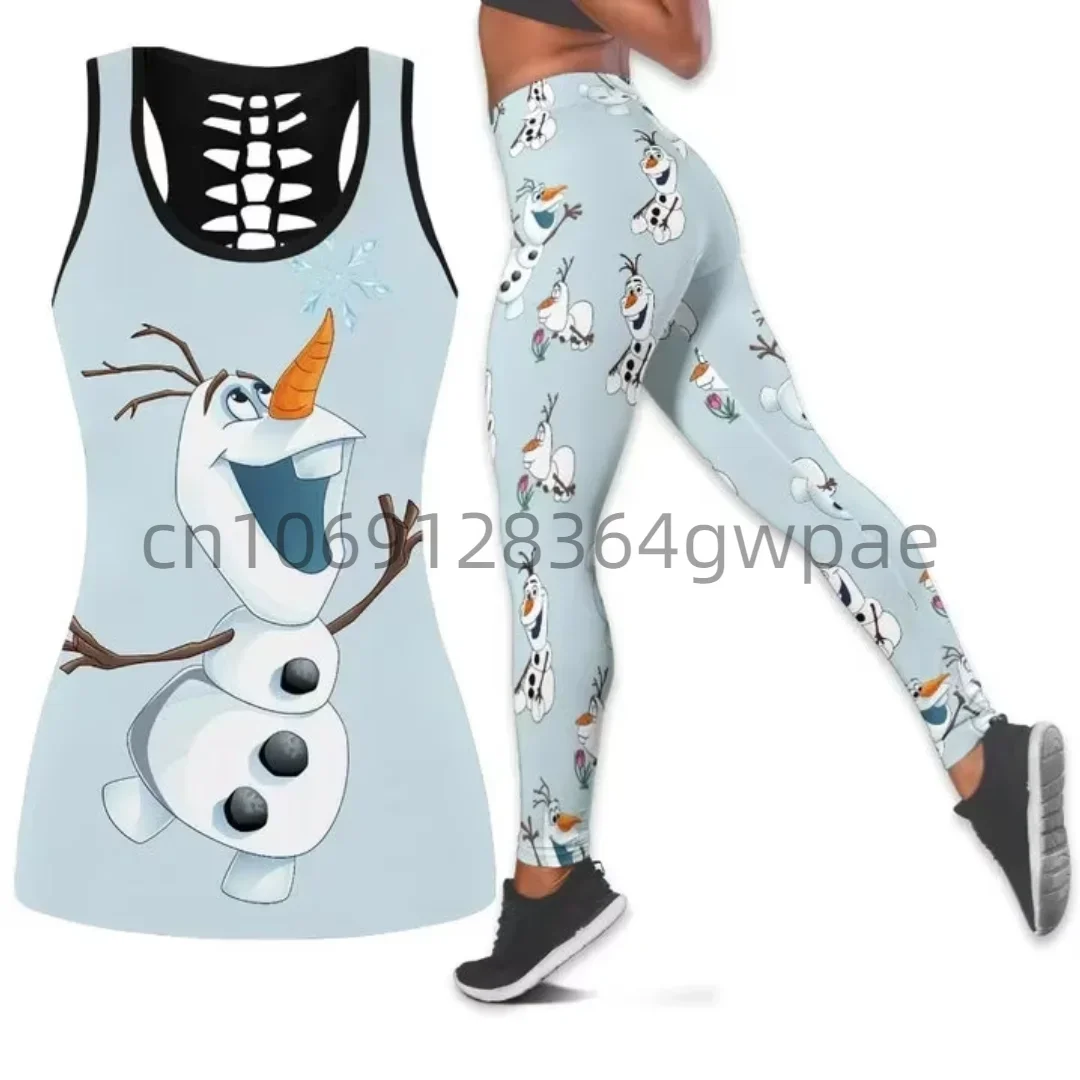 Disney Frozen Olaf Set Yoga wanita, Tank Top legging musim panas untuk Fitness, setelan Legging Disney Hollow Tank Top musim panas