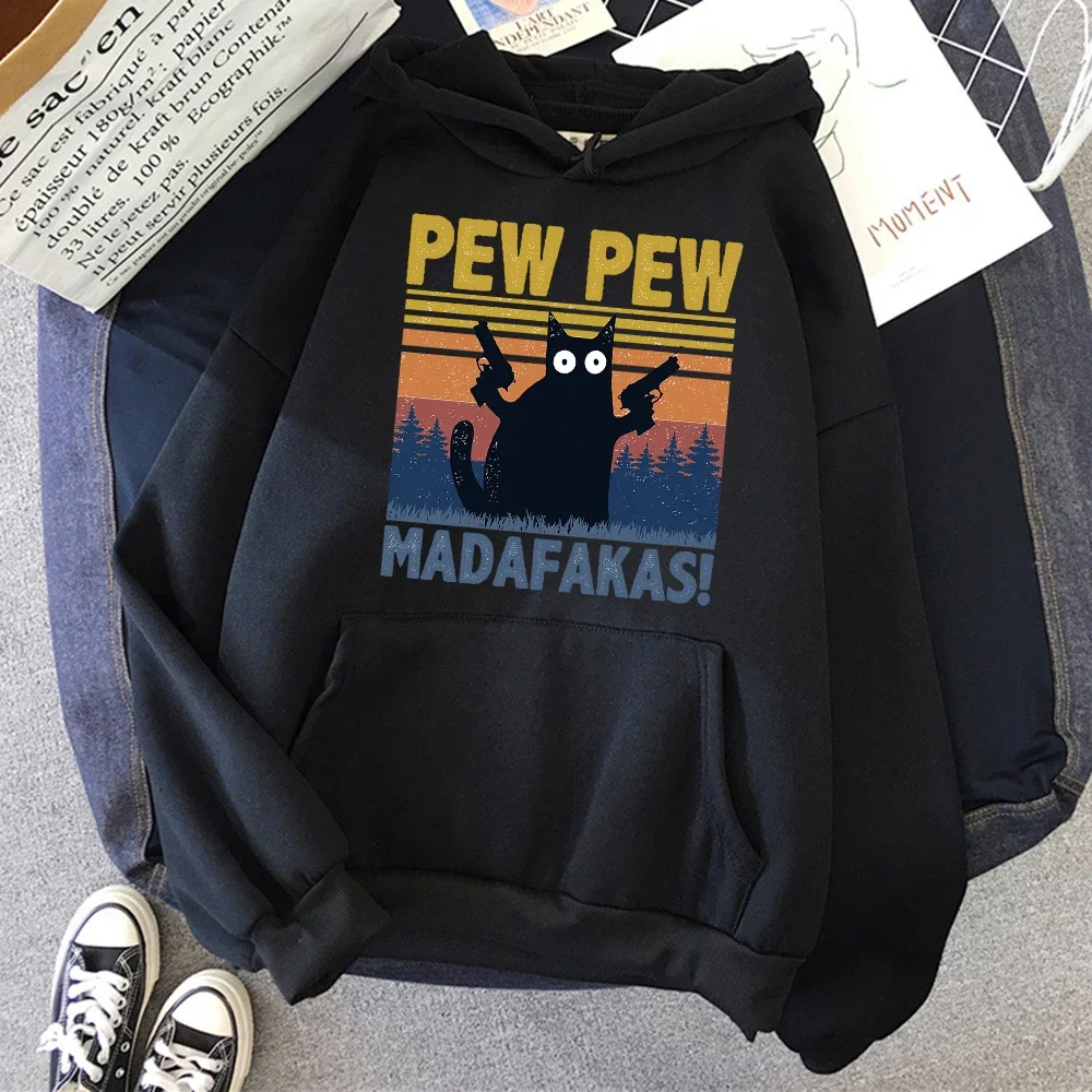 2024Cartoons Cat Pew Pew Madafakas Funny Women Hoodie Harajuku Oversize Clothing Crewneck Casual Hoody Breathable Fleece Hoodies