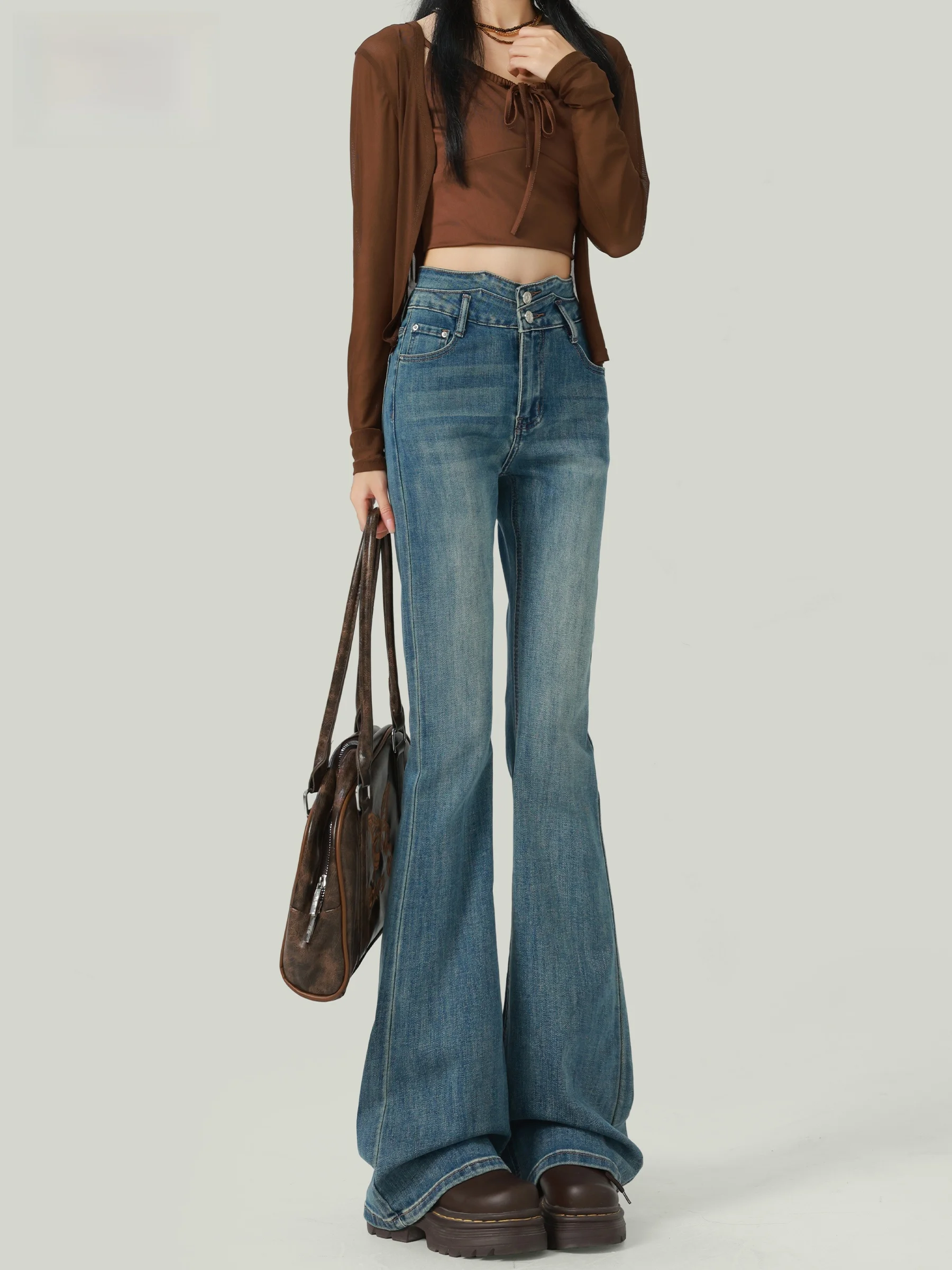 

Ретро-джинсы-клеш с высокой талией в американском стиле для женщин, облегающие повседневные джинсы с высокой талией, осенняя новинка