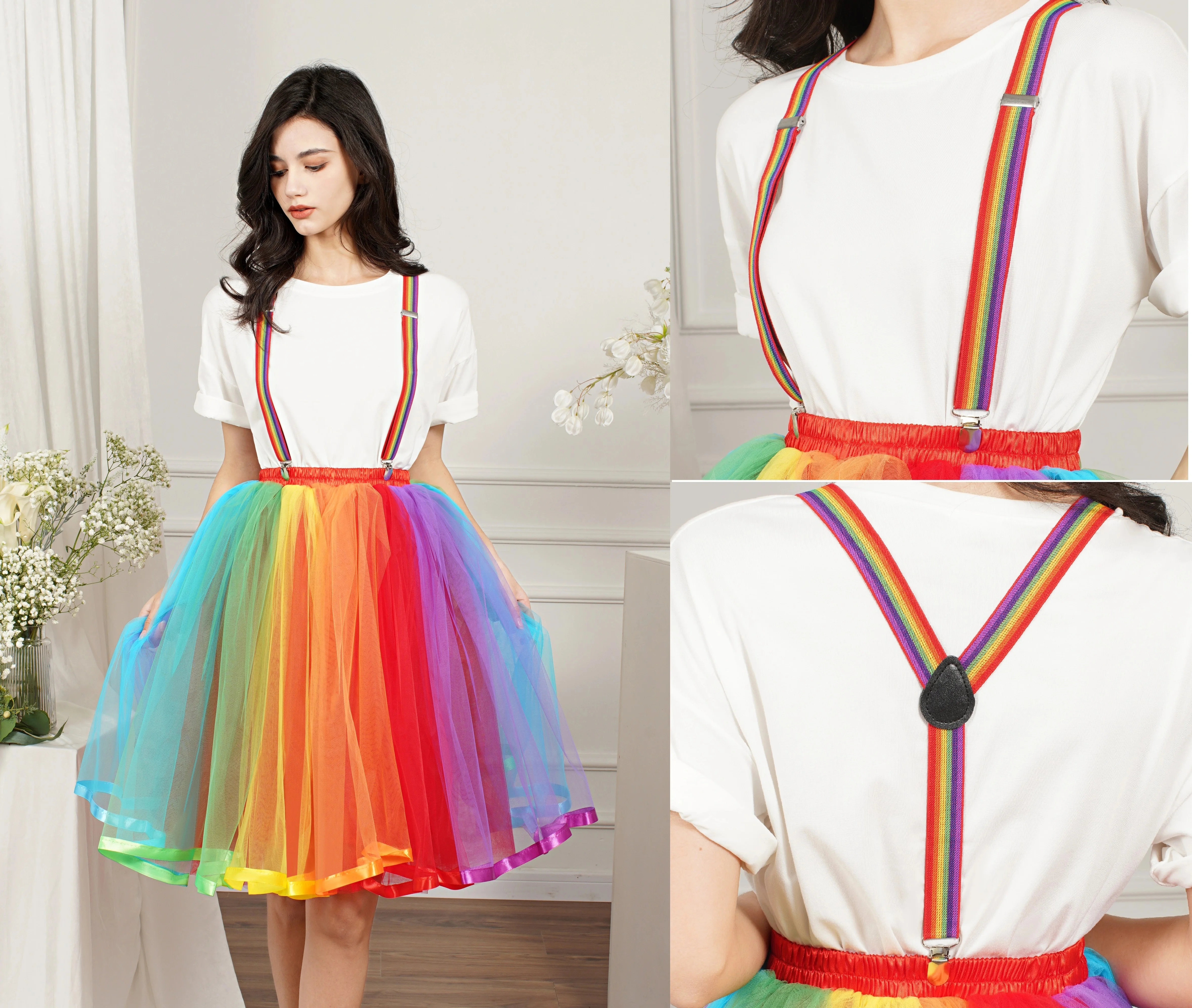 

Women Rainbow Tutu Skirts With Stretch Braces 5 Layers Fluffy Tulle Patchwork Pettiskirt Midi Gay Lesbian Party Skirt Petticoat