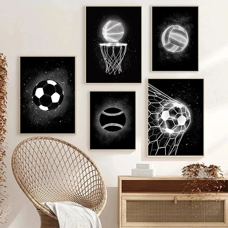 Neon Black White Basketball Football Volleyball Posters Canvas Painting Nordic Sports Wall Art Picture for Kid Room Gym Decor