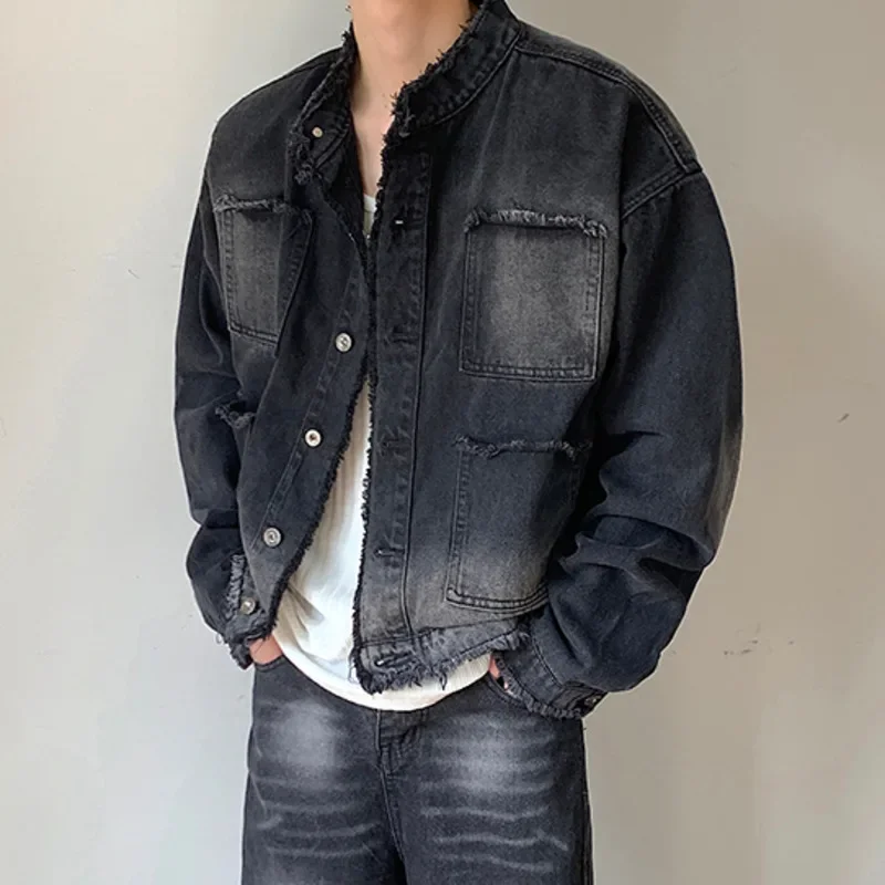 Men's Washed Denim Jackets Vintage Casual Short Jean Coat Retro Gradient Cardigan Spring Autumn New Cropped Outwear Streetwear