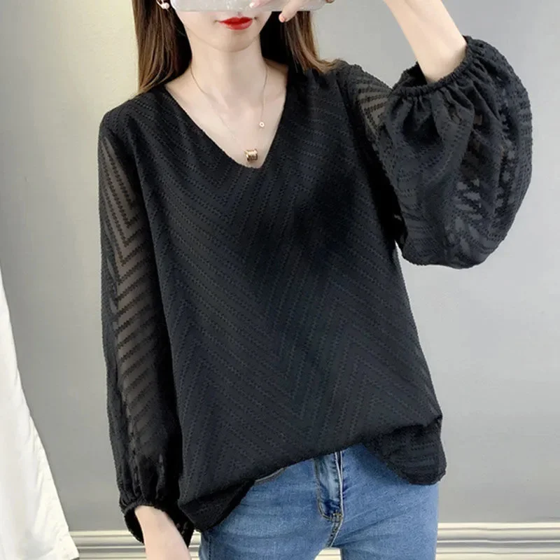 Nova camisa de chiffon fina camisetas femininas primavera outono 2025 estação europeia casaco solto tamanho grande pulôver vestindo uma maré superior