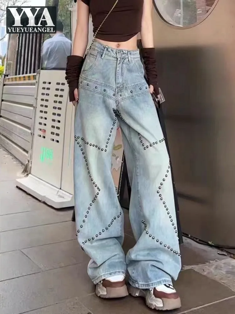 

Женские джинсы в американском стиле, винтажные, с заклепками, со средней посадкой, прямые, из денима, модные, дизайнерские, свободные, повседневные, широкие, длинные брюки