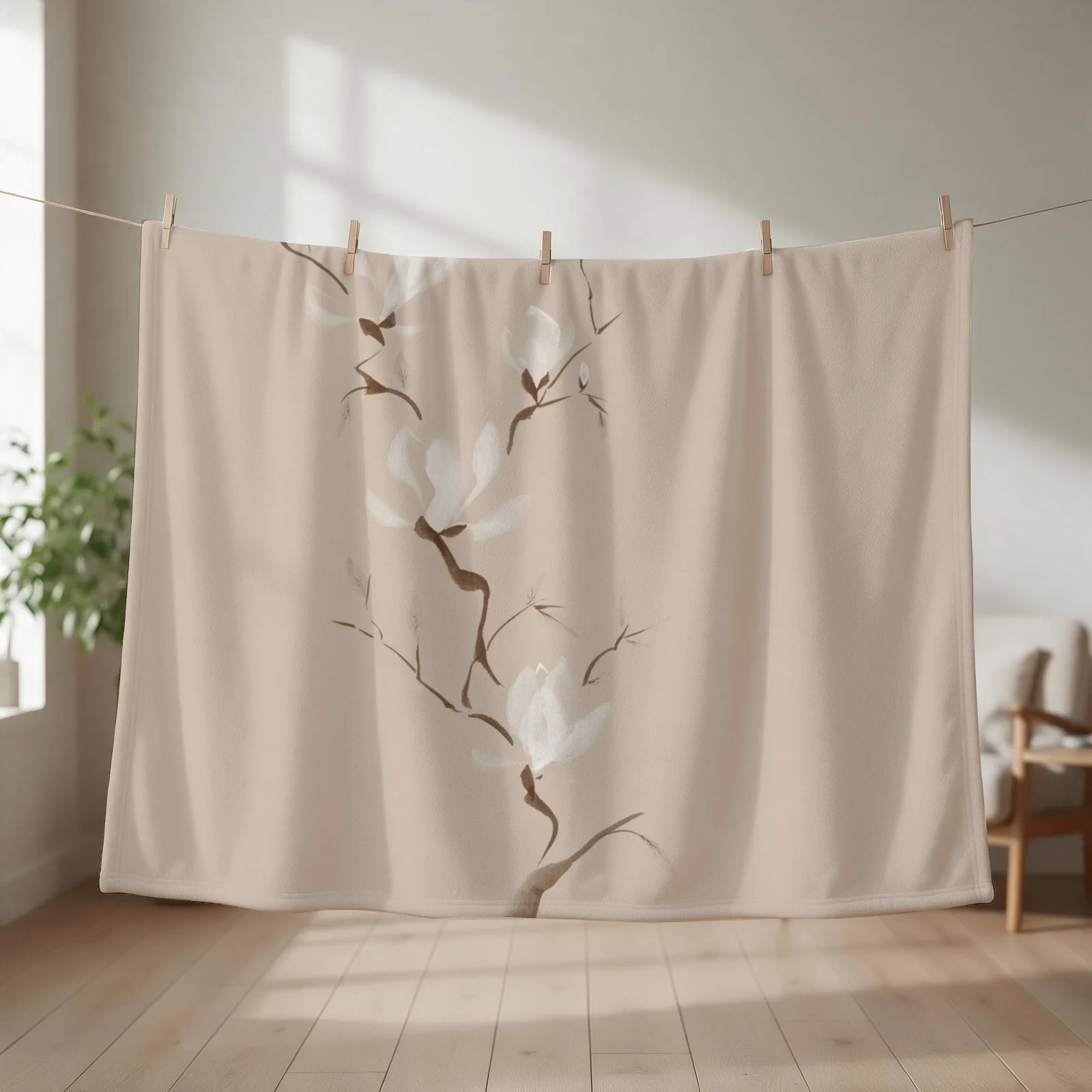 Branch of blooming magnolia flowers artistic Zen Sumi-e painting design on beige background art print Throw Blanket