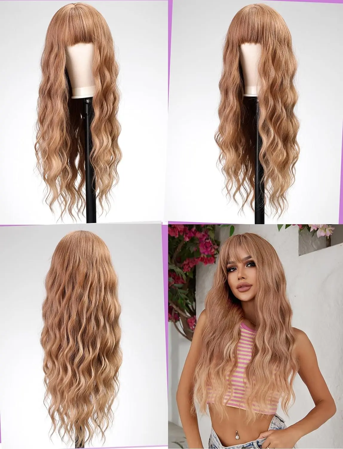 Long Honey Blonde Brown Wigs for Women 26in with Bangs Curly Wavy Wig Natural Looking Synthetic Heat Resistant Fiber Wig