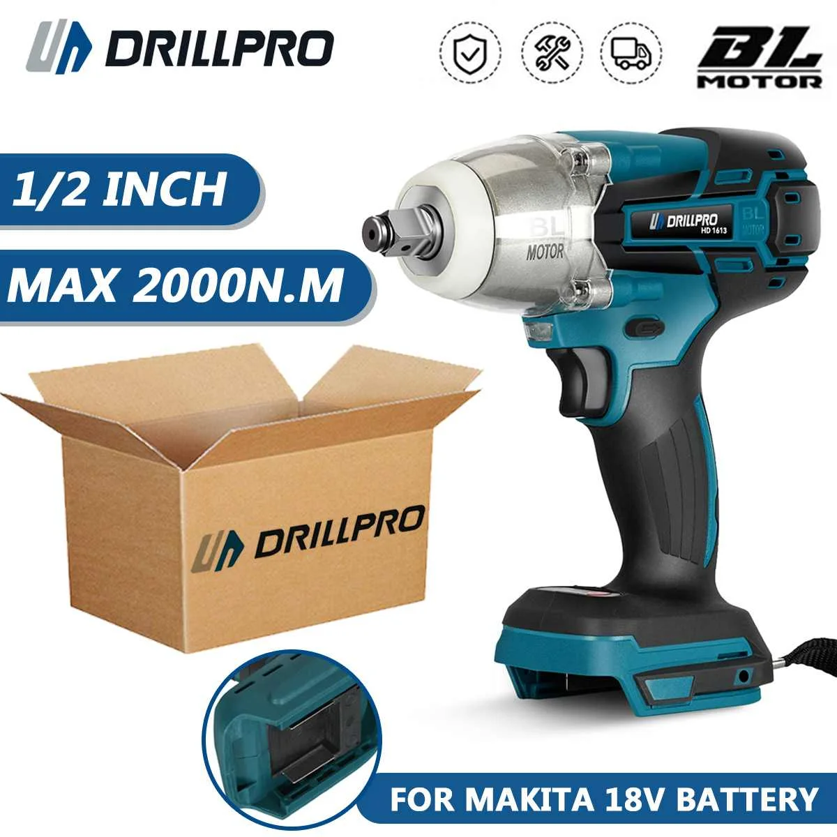 

Drillpro Brushless Impact Electric Wrench Max. Torque 2000N.M 1/2 inch Cordless Car Repair Power Tool For Makita 18V Battery