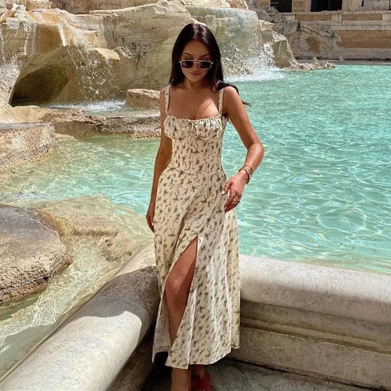 여름 여성 핫 세일 프랑스 스타일 꽃 프린트 꽃 홀터 드레스 Fishbone 스트랩 허리 분할 부드러운 바람 드레스 여성