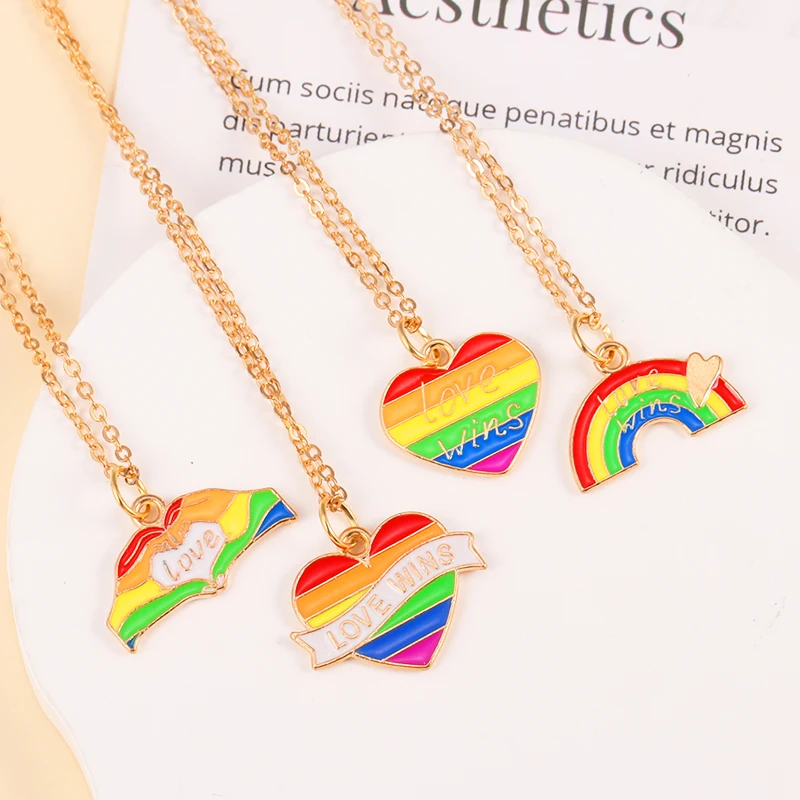 

New In Colorful Rainbow Love Wins Heart Pendant Necklace LGBT Support Charm Choker Necklace For Women Men Party Jewelry Gifts